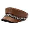 PU Leather Beret Hat Silver Chain Decor Octagonal Beret Cap Vintage Peaked Hat  Autumn Winter