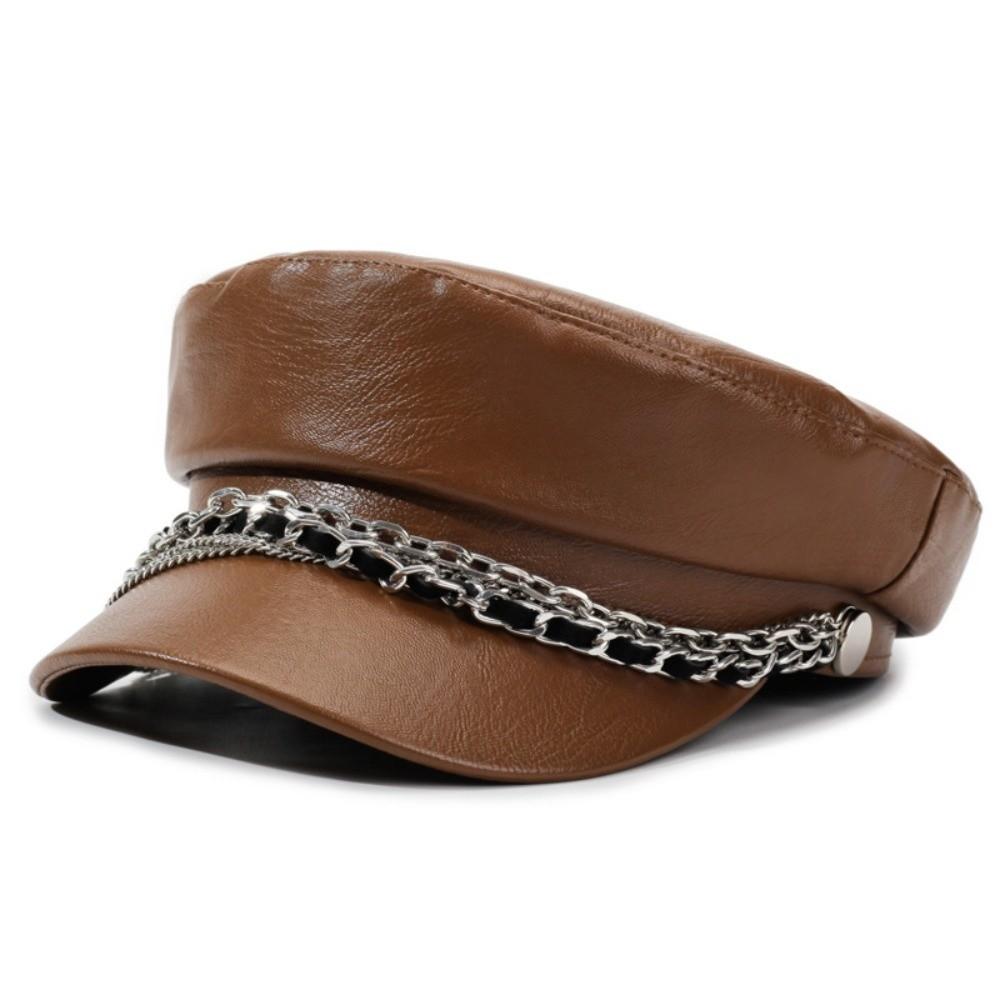 PU Leather Beret Hat Silver Chain Decor Octagonal Beret Cap Vintage Peaked Hat  Autumn Winter
