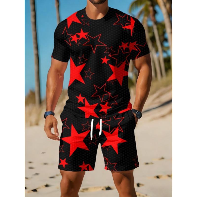 Casual Sports Suit Breathable Outdoor Leisure Men s Round Neck T-shirt Shorts Pants Suit Summer Digital Printing Printing Suit for Men and Adults S