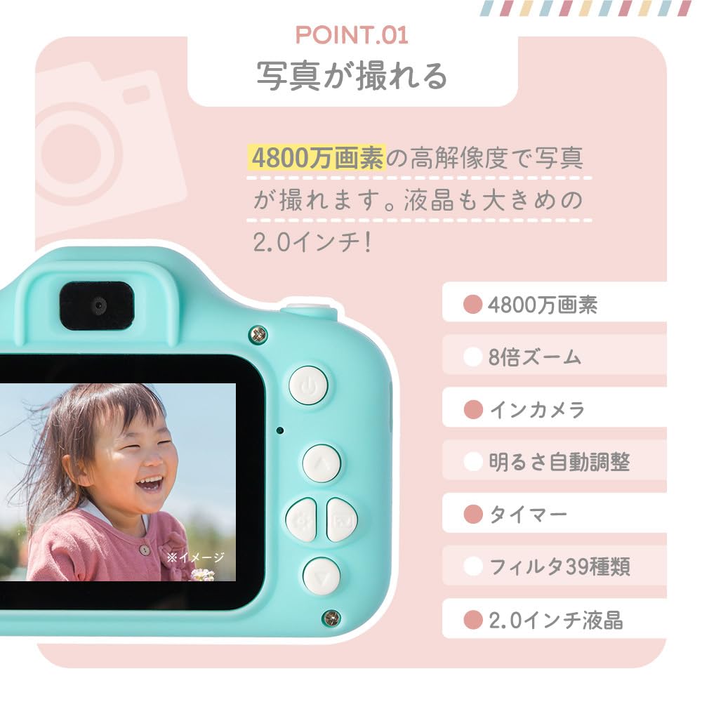 Toy Camera with Silicone Cover and and Shark Up To 48 Includes Memory USB and Charging Kids' Strap, Unicorn, Dinosaur, Designs, Megapixels, Card,
