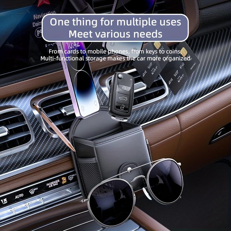 1pc PU Leather Car Air Vent Phone Holder & Storage Bag - Car Interior Organizer with Fashion Glasses Holder, Multi-Functional Dashboard Accessory