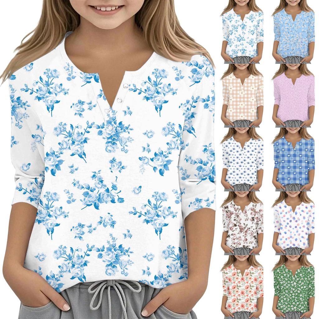 Print Tops For Youth Girls V Neck Button 3/4 Sleeves T-Shirts Trendy Tops Outfit Tees