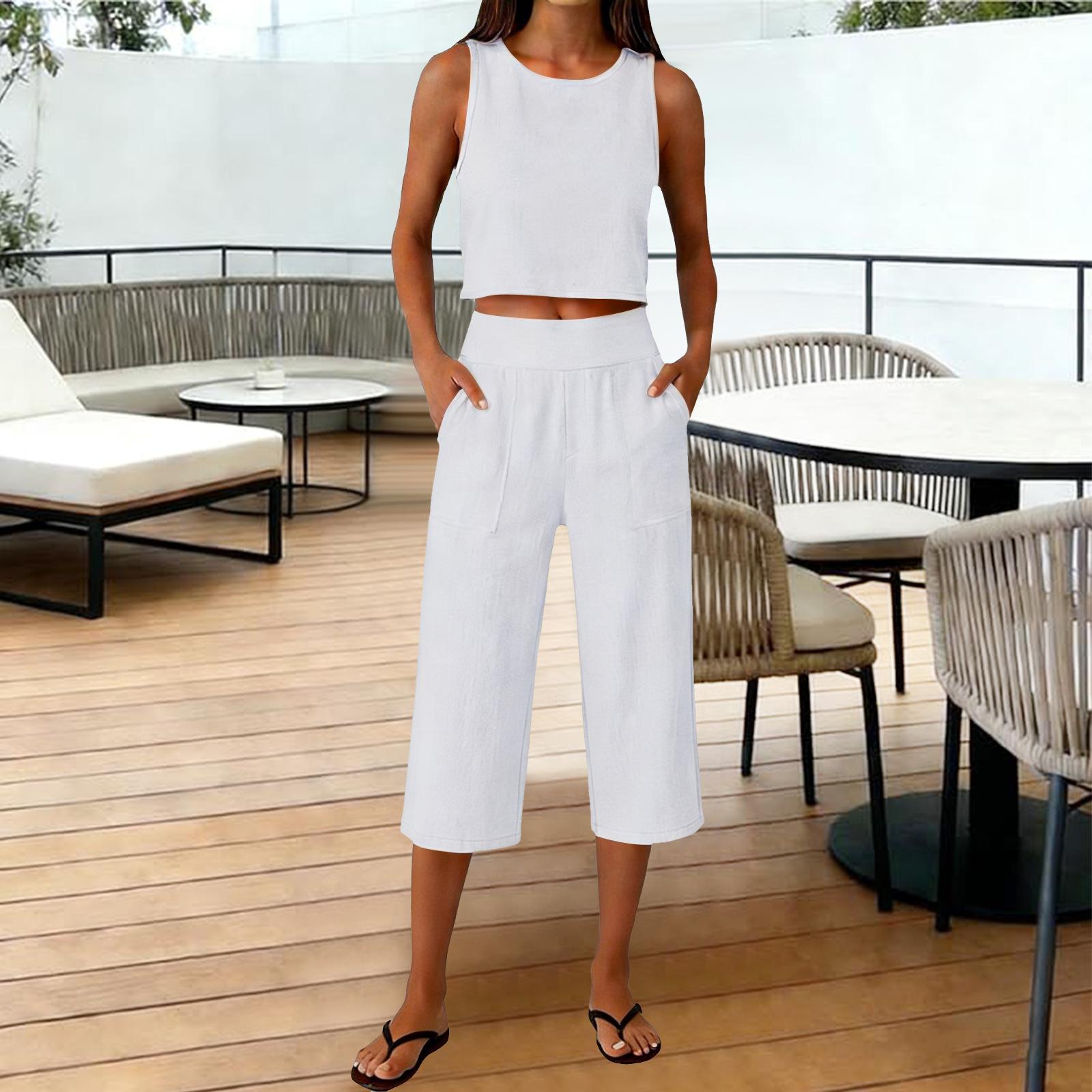 Women s Fashion Sleeveless Top And Wide-Leg Pants Cotton-Linen Set S белый