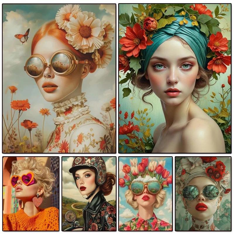 Beautiful Woman with Glasses Flower Canvas Painting Modern Wall Art Woman Character Posters and Prints Living Room Home Decor