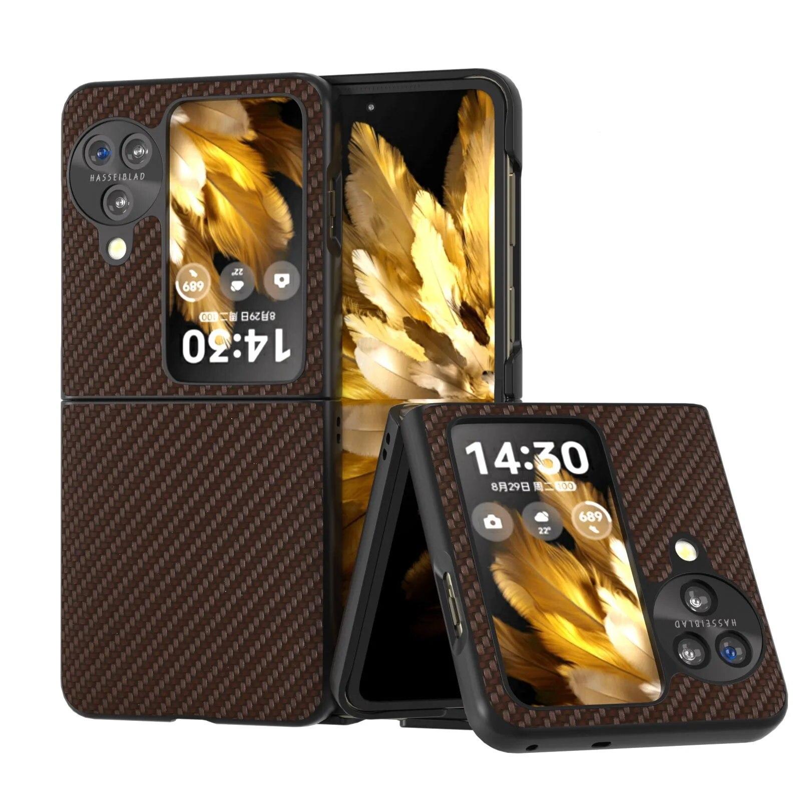 

Роскошный кожаный чехол для телефона из углеродного волокна для OPPO Find N3 Flip 5G Find N2 Flip противоударный защитный чехол Oppo Find N2 Flip темно-коричневого