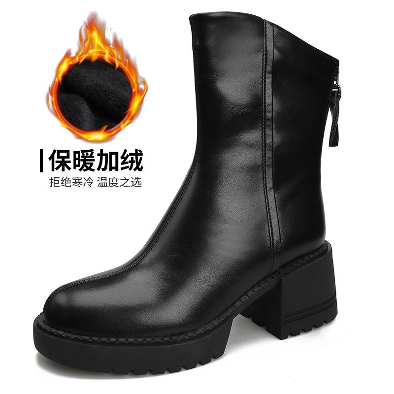 2024 Podzim/Zima Měkké Kožené Kozačky Dámské Britské Silný Podpatek Kulatá Špička Martensky Silný Zadní Zip Střední Podpatek Úzké Kozačky