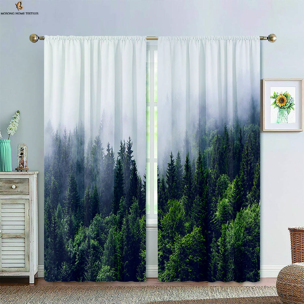 Herbst Nebliger Wald Landschaft 3D Gedruckte Vorhänge Polyesterfaser Stangentasche Schlafzimmer Wohnzimmer Küche Vorhänge 2 Stück
