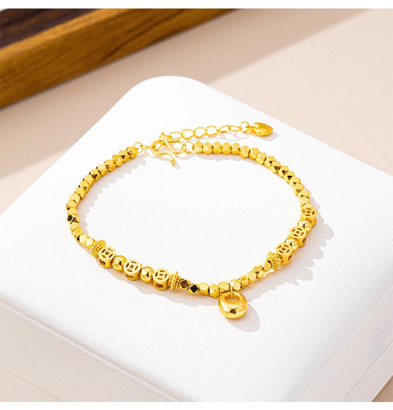 Vietnamese Gold Fortune Coin Bracelet - Ethnic Style, Long-Lasting Color Retention, Women’s Retro Clubbing Jewelry with Round Beads