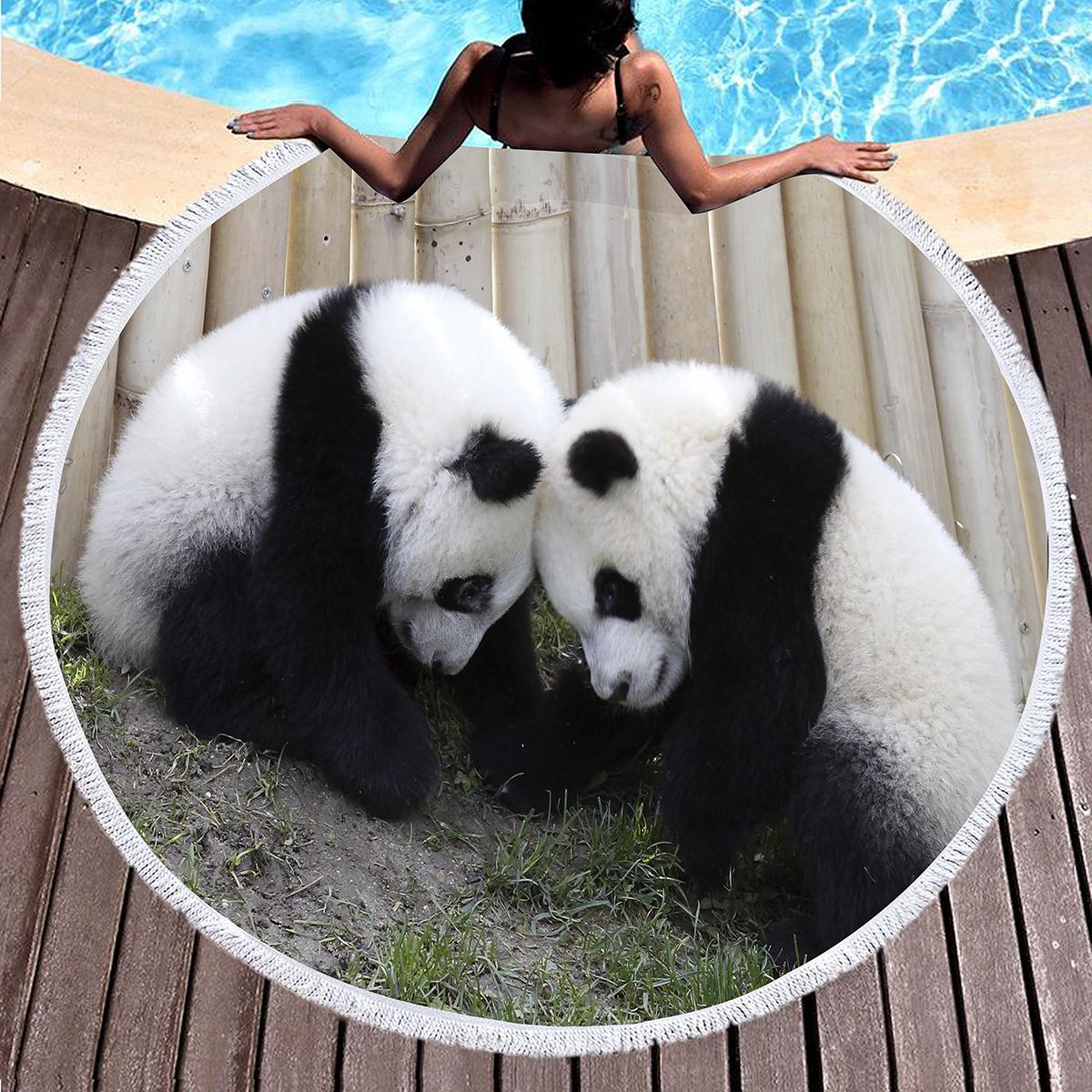 Kawaii Cartoon Panda Round Beach Towel,Cute Wild Animal Beach Blanket Shawl,Absorbent Quick Dry Pool Towel Portable Picnic Mat 60x60cm (23x23 in)&1pc