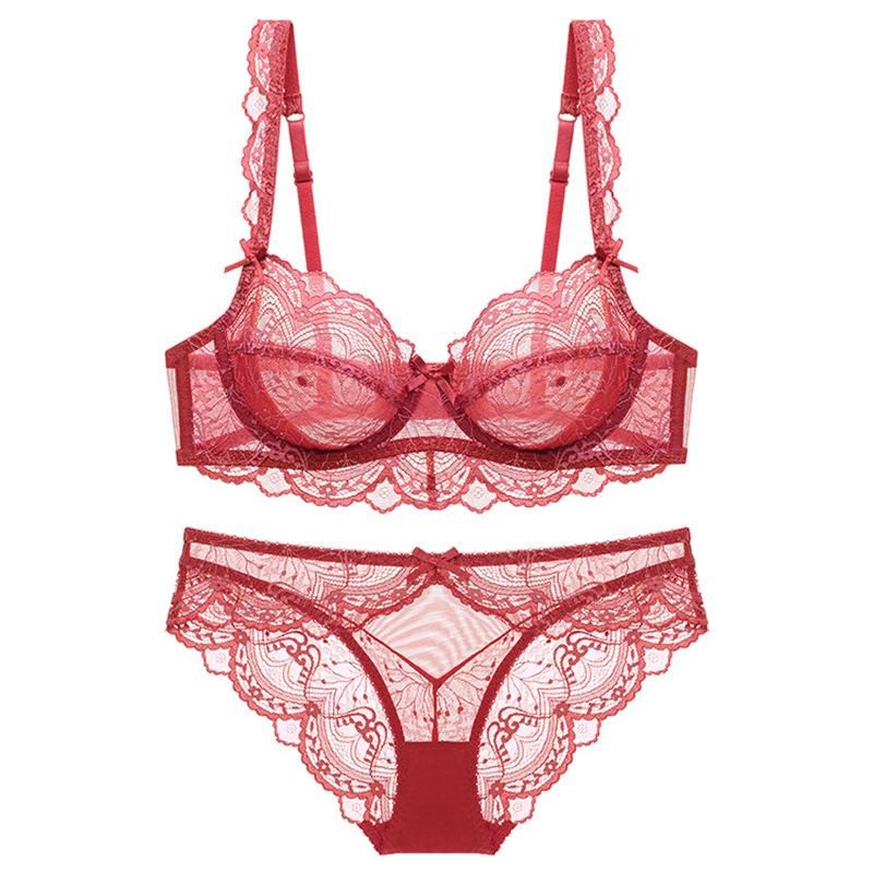European and American Thin Sponge-free Transparent Large Chest Small Lace Bra Women's Sexy Underwear Bra Set