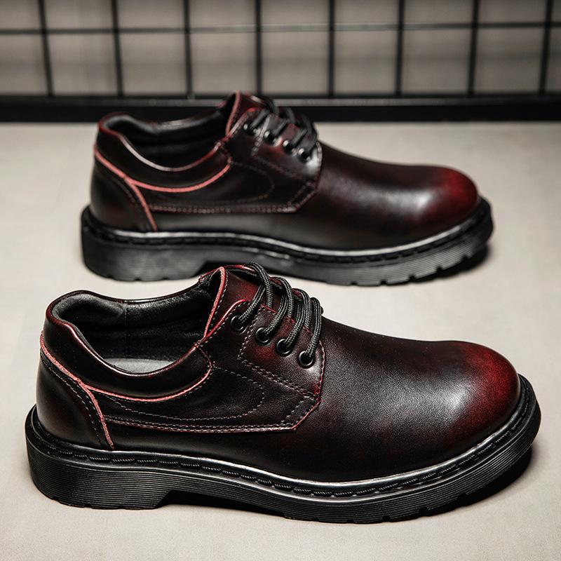 Round head casual leather shoes muffin bottom tooling low-top Martin shoes men's leather heightening retro