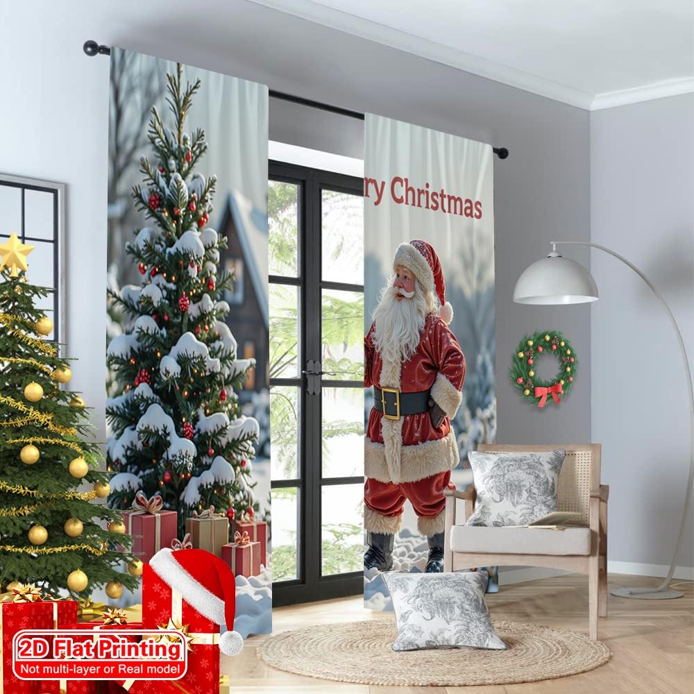 2pcs 2D flat printing Merry Christmas Popular Party Window Curtains Merry Christmas Snowing Santa House Fabric Without