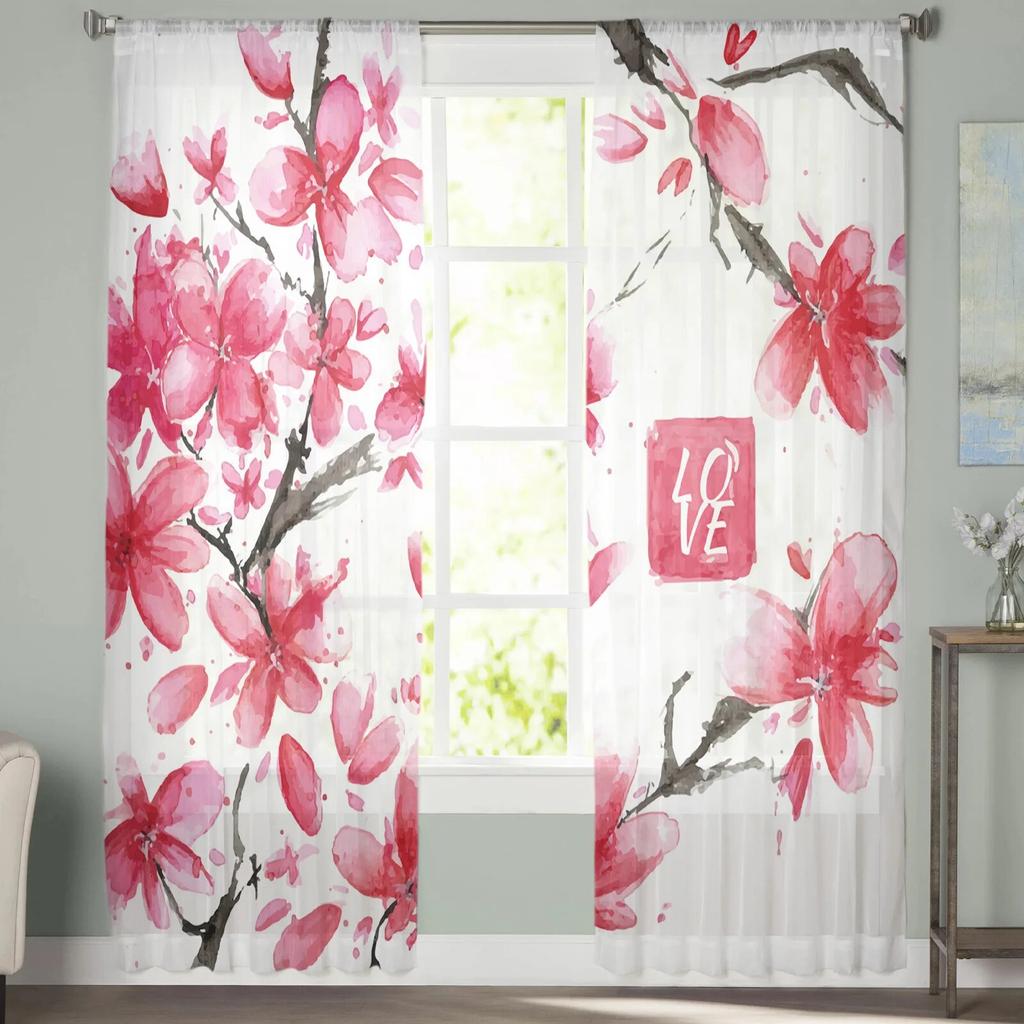 Art Cherry Blossom Branch Moderní tištěné tylové závěsy do ložnice Balkonová výzdoba oken Kreativní móda Domácí průsvitná záclona