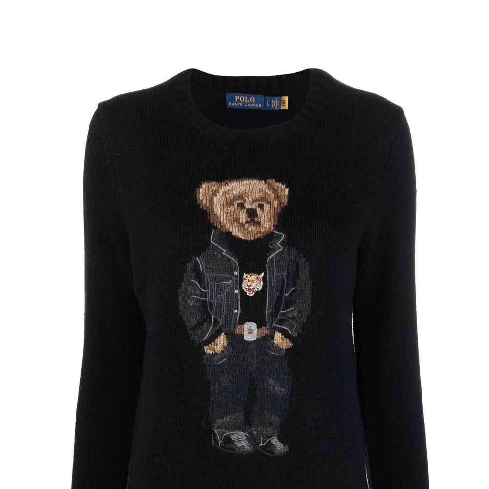 Polo Ralph Lauren SS22 Cartoon Teddy Bear Pattern Jacquard Crew Neck Pullover Casual Long Sleeve Sweater Women sweater Black 211857294-001