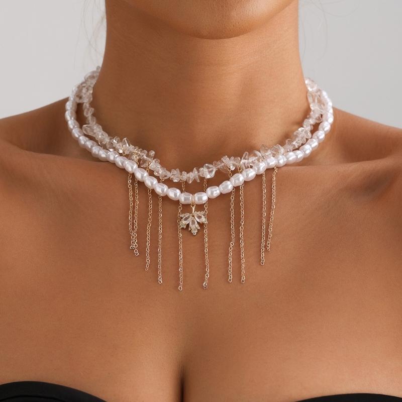 Vintage Pearls Tassels Choker Necklace for Women Elegant Neck Chain Handmade Layered Statement Jewelry Gift