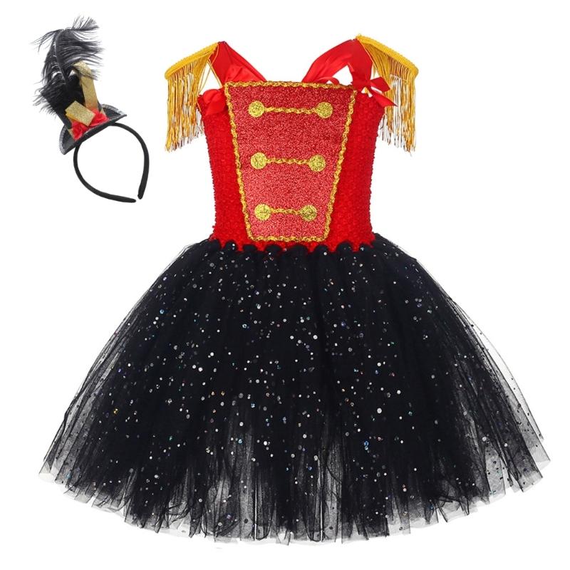 Girls Tutu Dress with Headband Glittering Princess Dress Holiday Clothes Circus Ringmasters Costume for Party