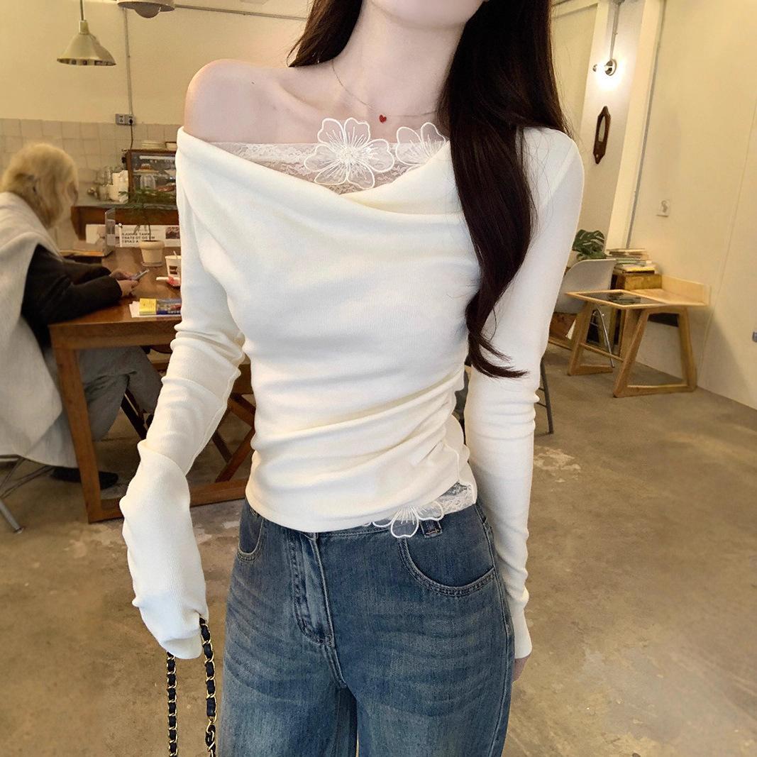 

2 * 2 thread 260g, pure desire long-sleeved t-shirt 2025 new lace slim-fit bottoming shirt stacked collar top L бежевий
