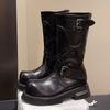 Women'S Punk Motorcycle Boots Street Black Big Toe Platform Square Heels Mid-Calf Boots Buckle Belt Shoes
