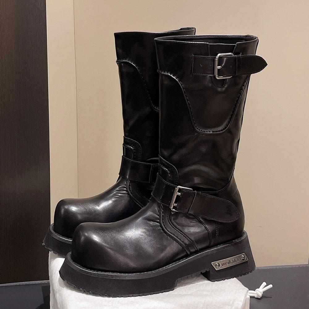 Women'S Punk Motorcycle Boots Street Black Big Toe Platform Square Heels Mid-Calf Boots Buckle Belt Shoes