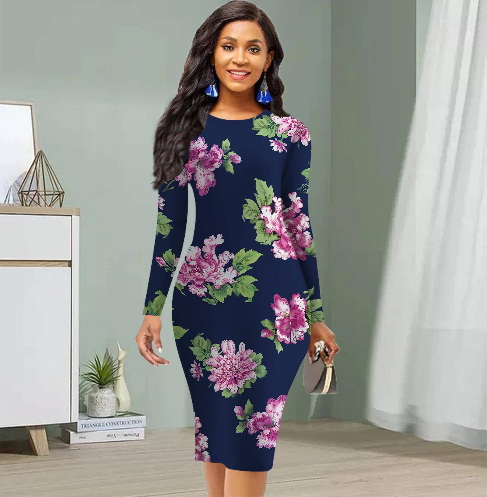 

Длинный рукав, облегающее, офисное, облегающее, с принтом рододендрона, элегантное облегающее платье 8XL темно-синий