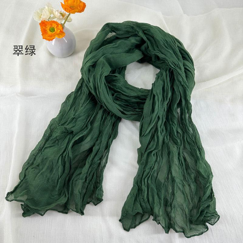 Women Soft Breathable Cotton and Linen Scarves Solid Color Pleated Scarf Retro Bohemian Style Long Wraps 180*90cm Multi Color