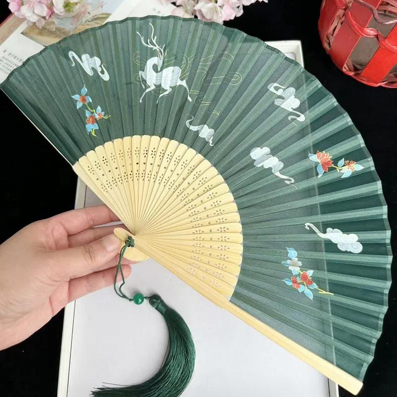 Ancient Chinese Style Small Dance Fan Summer Portable Hanfu Cheongsam Hand Held Fan Green Bamboo Ribs Single-Sided Folding Fan