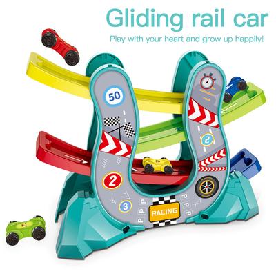 Coches de deslizamiento, coches de carreras con rampa, coches de carreras, pista de carreras, coches de 4 niveles, coches de carreras con rampa en zigzag, vehículos de juguete para niños pequeños, regalo educativo y de aprendizaje