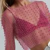 Spring/Summer Sexy Lace Mesh Top with Rhinestones and Beads for Women