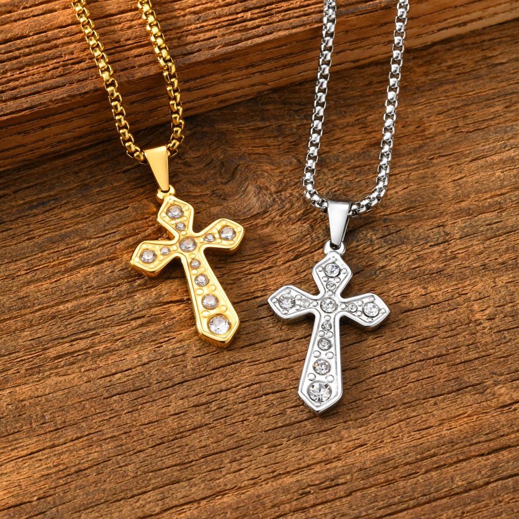Vnox Stainless Steel Zircon Cross Pendant Necklace with Box Chain for Women Men, Christian Hip Hop Cross Necklace Jewelry Gifts