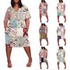 Summer Plus Size V Neck Short Sleeve Knee Pocket Print Casual Dress For Women