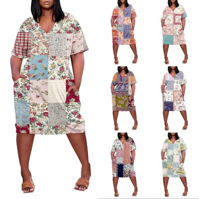 Sommer Große Größen V-Ausschnitt Kurzarm Knietasche Print Freizeitkleid für Damen