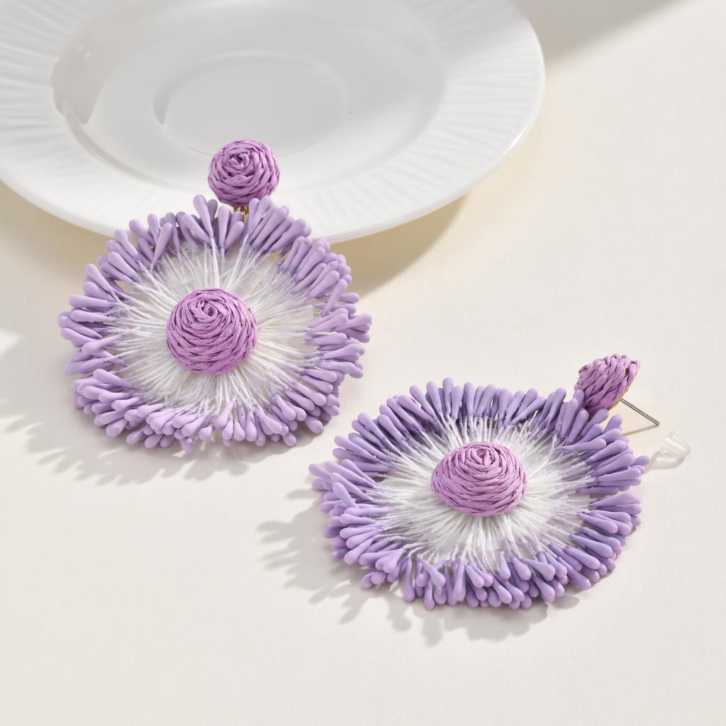 Vnox Bohemia Handmade Colorful Raffia Sunflower Earrings for Women Sweet Cute Exaggerated Pink Ear Vacation Beach Style Jewelry