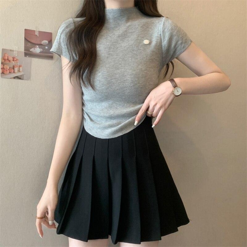 Camisa de Malha Slim Fit para Mulheres de Escritório Verão 2023 Tops Blusa de Manga Curta Gola Meio Alta Camisas Lisas Roupas Femininas 25250