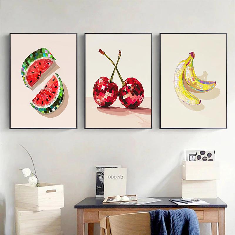 Disco Vintage Cherry Strawberry Blueberry Watermelon Lemon Fruit Art Poster Canvas Paintings Wall Art Pictures Home