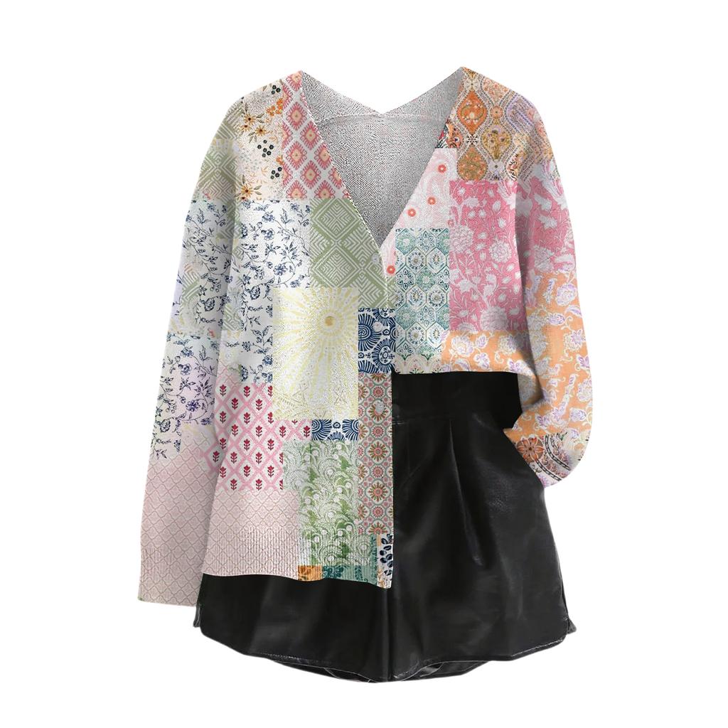 Women's V Neck Top Printing Thickened Plush Cashmere Warm Long Top