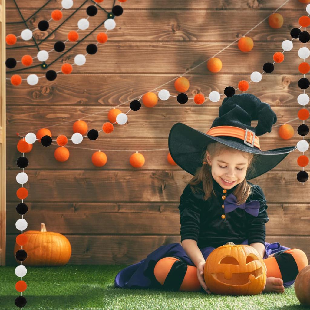 3pk Halloween Fall Felts Ball Garland Thanksgiving Decorations Indoor Home Room Decor Cute Hanging Orange Black Pompom Bead Christmas Tree Ornament