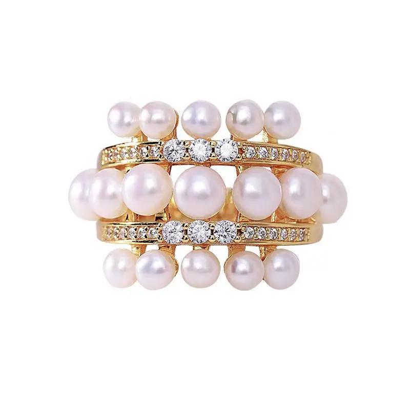 2025 New Exquisite Pearl Zircon Gold Color Open Rings Wedding Party Women's Fashion Zircon Luxury Finger Accessories for Girls