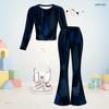 Girls Dark Blue Printed Round Neck Long Sleeve Crop Top Flared Pants Two Piece Set