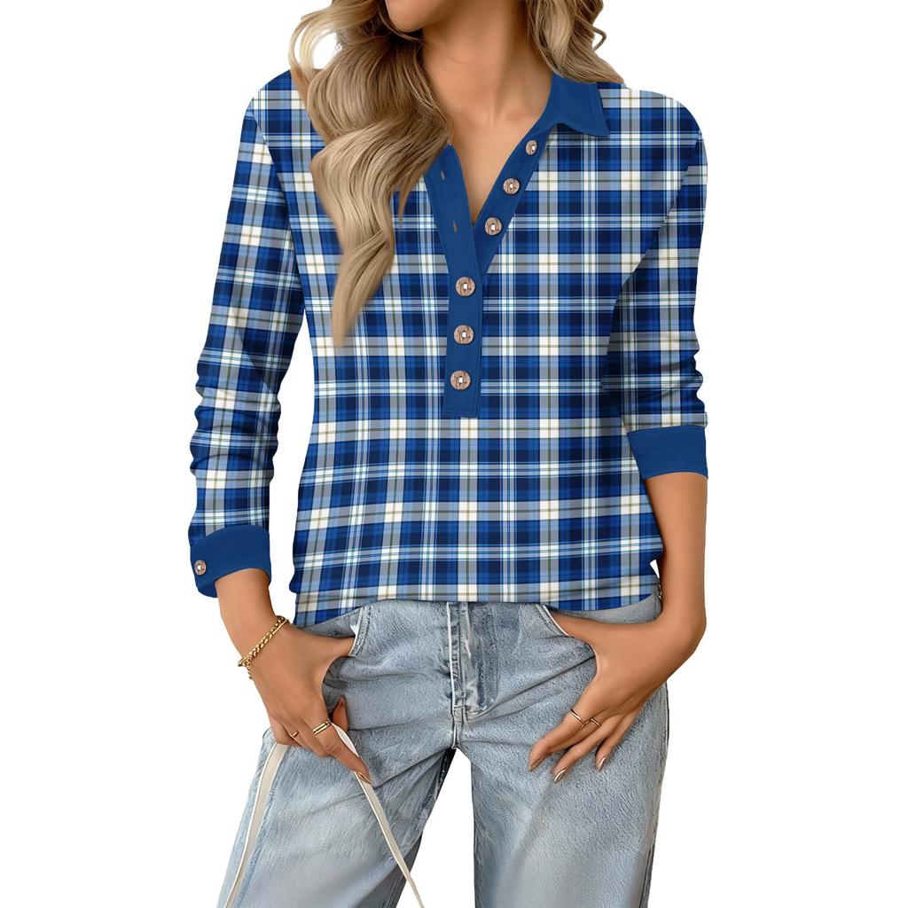 Women's Retro Street Lazy V,neck Long Sleeve Button Plaid Print Pullover Top