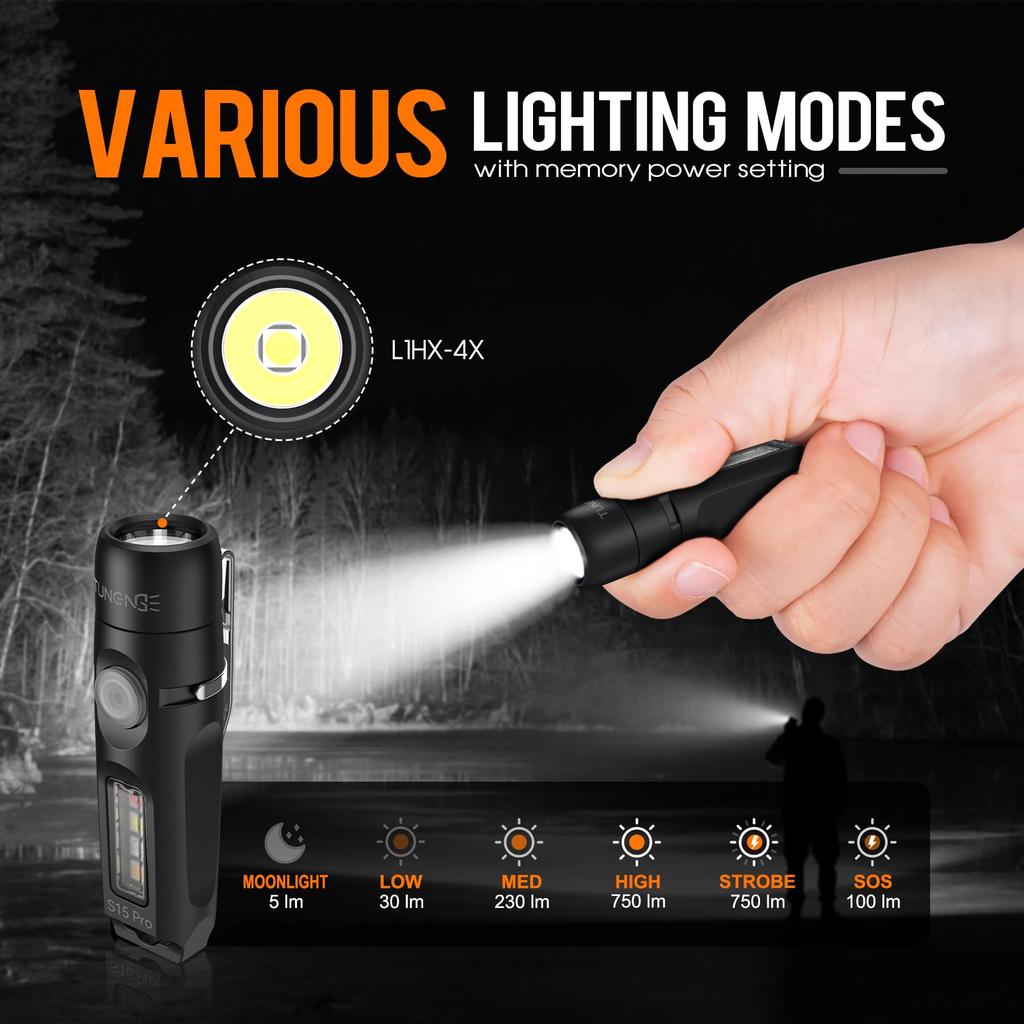 TUNENGE S15Pro Keychain 750 High Lumens EDC Pocket Flashlight with USB C Rechargeable Mini Flashlight with Perfect for and Repairs Flashlight, Clip,