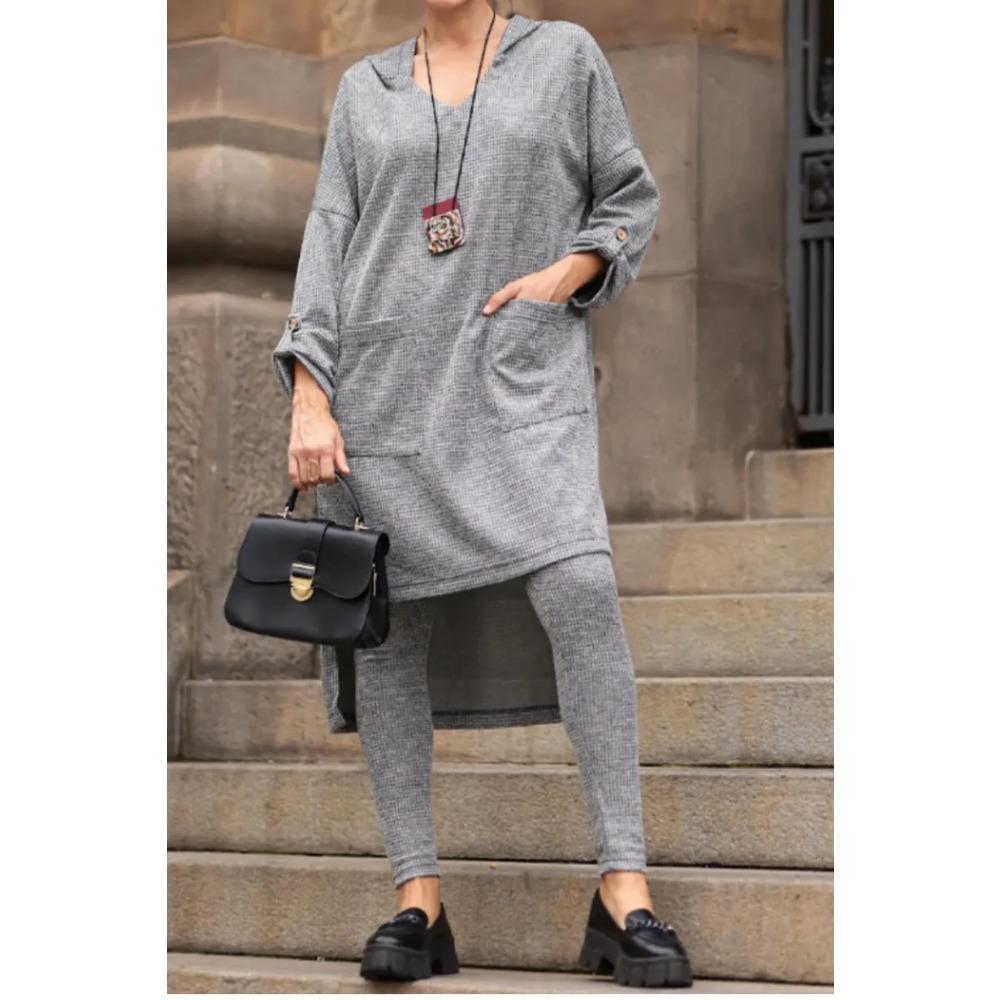 

Новый осенне-зимний женский повседневный модный комплект, однотонная рубашка с длинным рукавом, длинные брюки и двухпредметный комплект с капюшоном 5XL серый