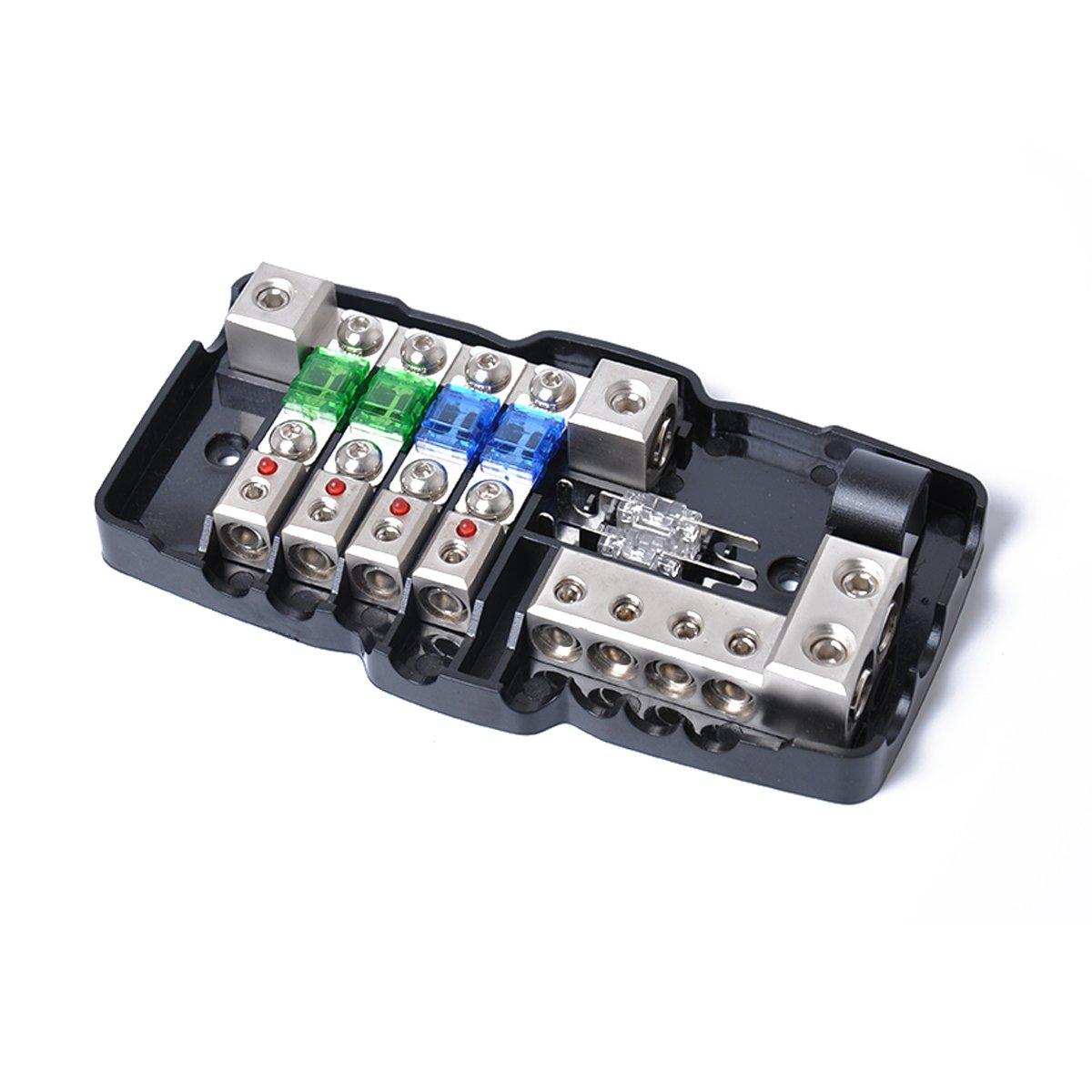 Multi-Functional LED Car Audio Stereo ANL Fuse Holder Distribution 0/4ga 4 Way Fuses Box Block 30A 60A 80Amp