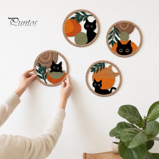 Cat Theme Wall Sign 4Pcs Black Decor Set, Boho Cartoon Hanging Art, Art Set Farmhouse Rustic Wooden Plants for Bedroom Living Room Office