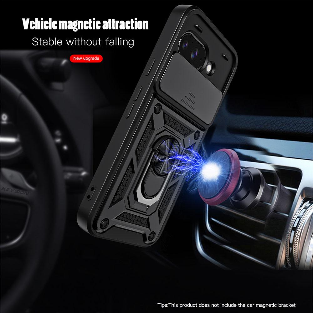 KEYSION Shockproof Armor Case for Google Pixel 9A Silicone+PC Slide Camera Lens Protection Ring Stand Phone Cover for Pixel 9A
