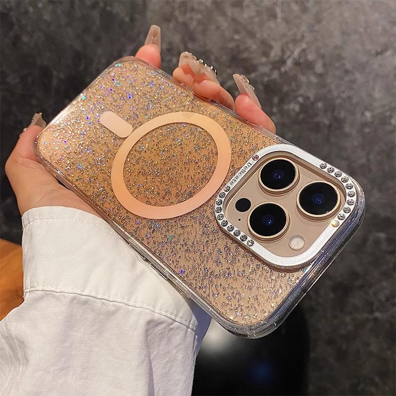 Applicable To IPhone16ProMax Color Magnetic Suction Phone Case Apple 15 Transparent Diamond Flash Powder Anti Fall 14 Protective Case