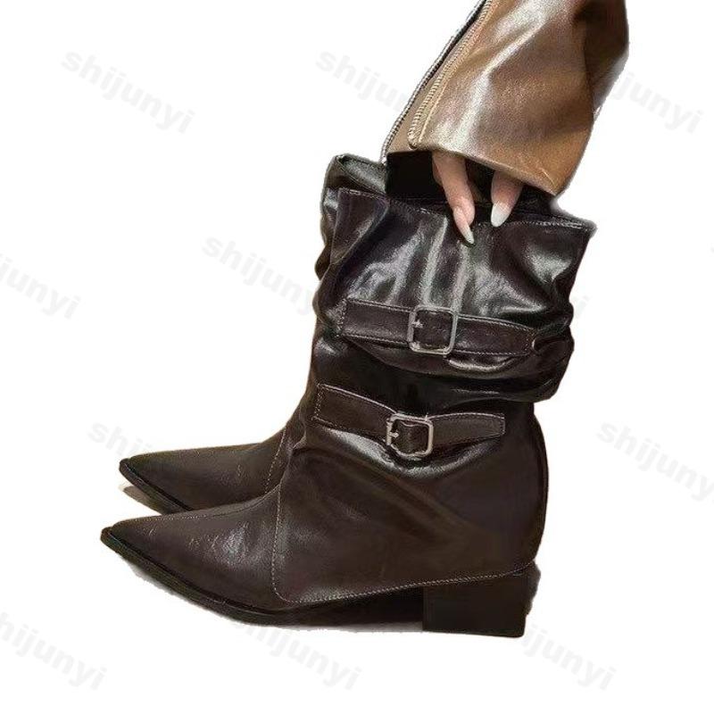 Fashion Women's Ankle Boots Pointed Toe High Heel Brown Short Boots 2025 Autumn Retro Belt Buckle Pointed Mid-Calf Boot Pants Tube Boots