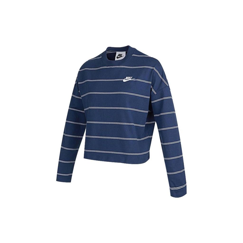 Nike Loose Fit Striped Crew Neck Long Sleeve T-Shirt Women Tops Navy DD5187-410