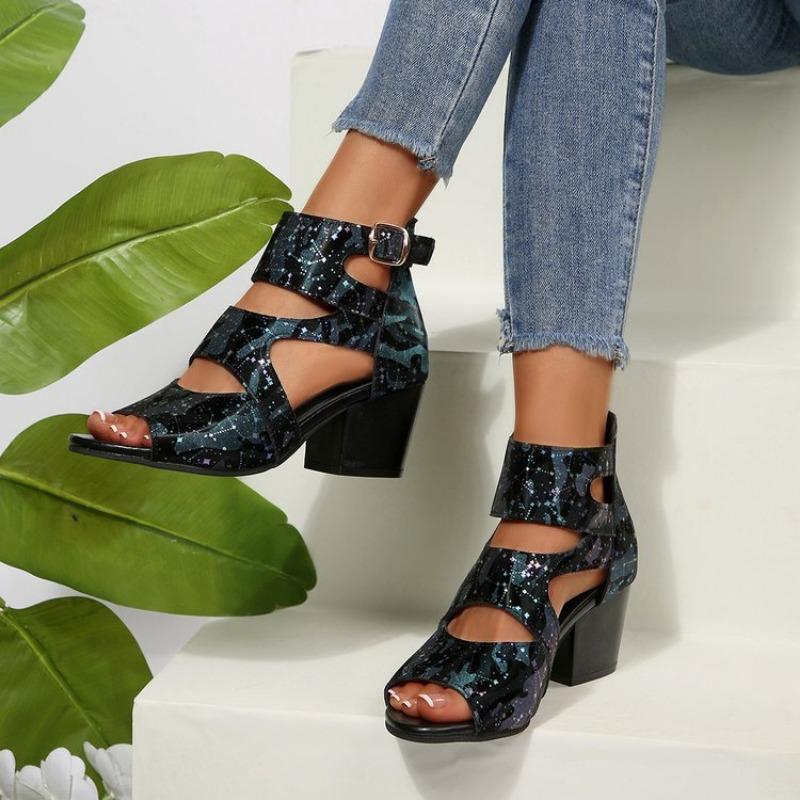 New Stylish and Versatile Plus-size Shoes, Thick High-heeled Hollowed-out Open-toe Sandals