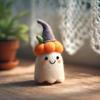 Handmade Felt Halloween Ghost Pumpkin with Wizard Hat Wool Felted Ghost Ornament for Halloween Home Shelf Desk Decor
