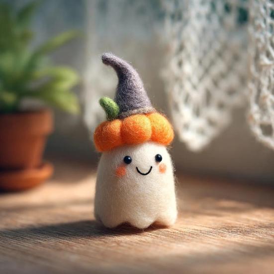 Handmade Felt Halloween Ghost Pumpkin with Wizard Hat Wool Felted Ghost Ornament for Halloween Home Shelf Desk Decor